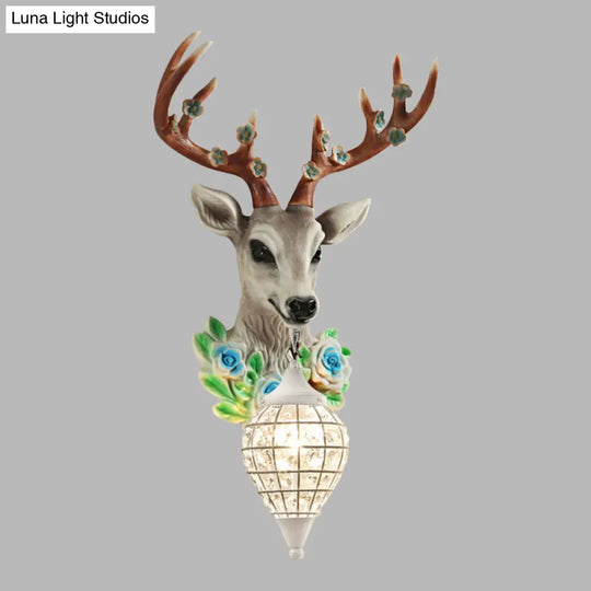 Faceted Crystal Sphere Wall Sconce Light - Black/White 1-Head Lamp With Elk Decor In Grey/Yellow