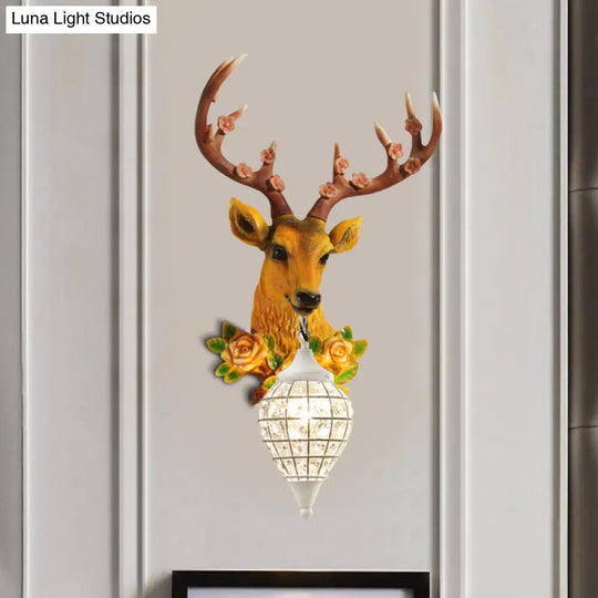 Faceted Crystal Sphere Wall Sconce Light - Black/White 1-Head Lamp With Elk Decor In Grey/Yellow
