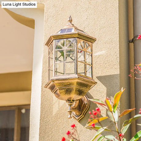 Faceted Glass Solar Wall Sconce With Led Lighting For Outdoor - Black/Brass Traditional Style