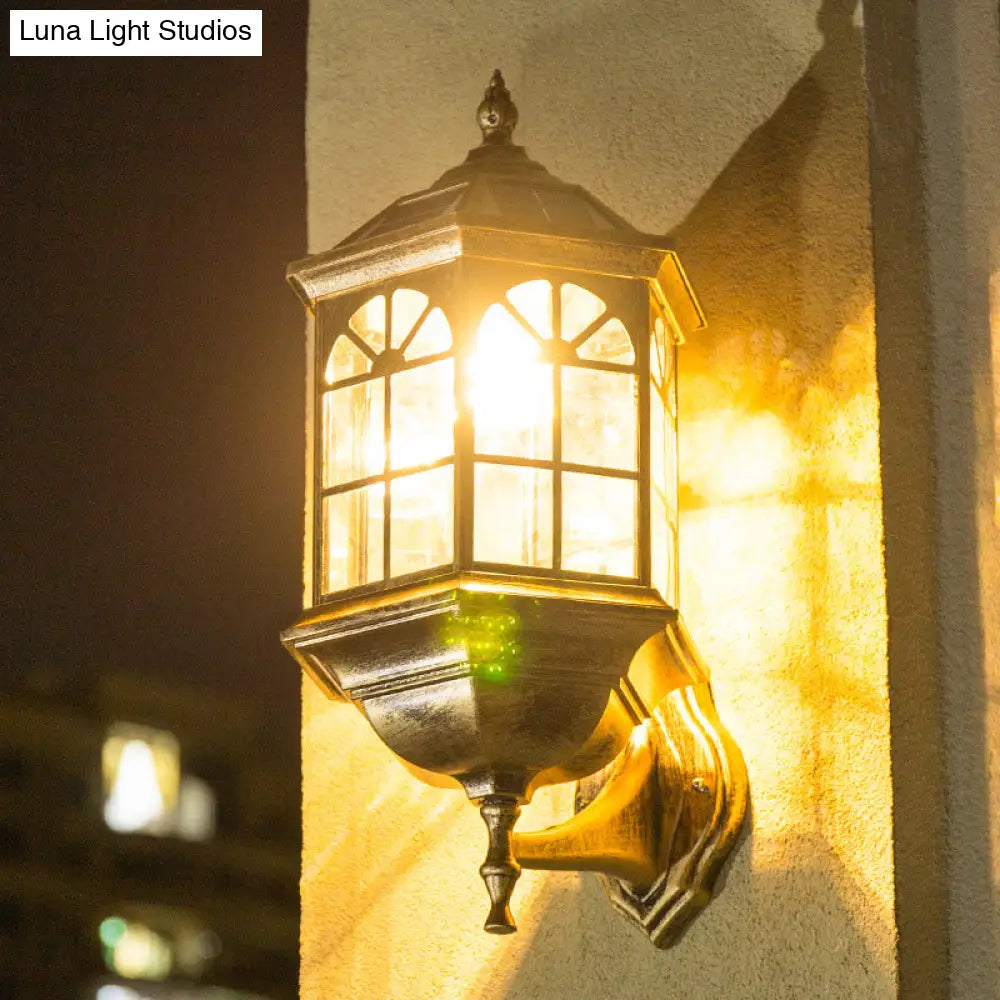 Faceted Glass Solar Wall Sconce With Led Lighting For Outdoor - Black/Brass Traditional Style