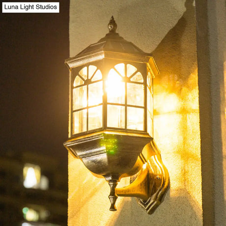 Faceted Glass Solar Wall Sconce With Led Lighting For Outdoor - Black/Brass Traditional Style