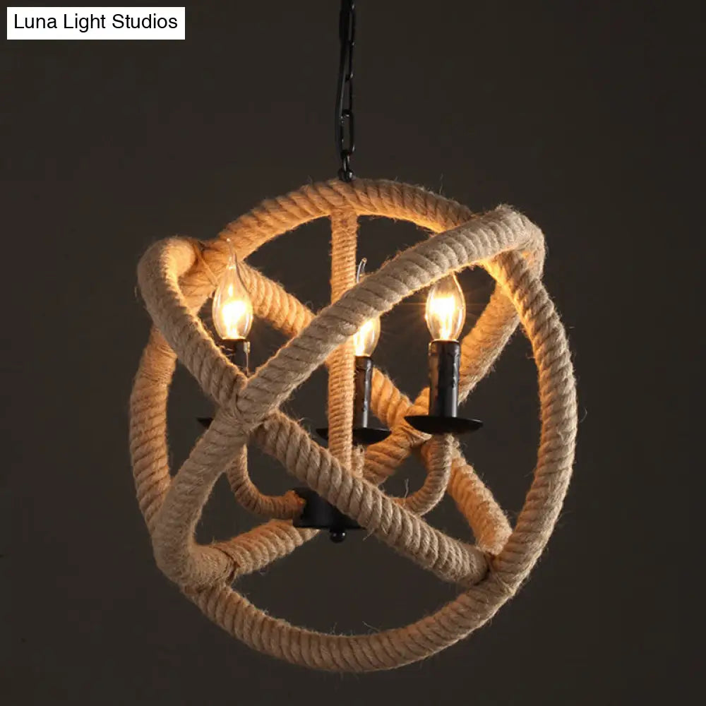 Globe Cage Chandelier Light Kit With Natural Rope And Candle Design - Set Of 3 Bulbs
