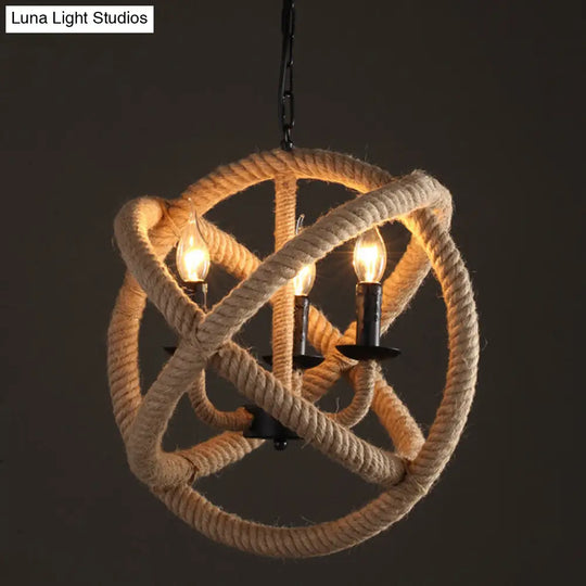 Globe Cage Chandelier Light Kit With Natural Rope And Candle Design - Set Of 3 Bulbs