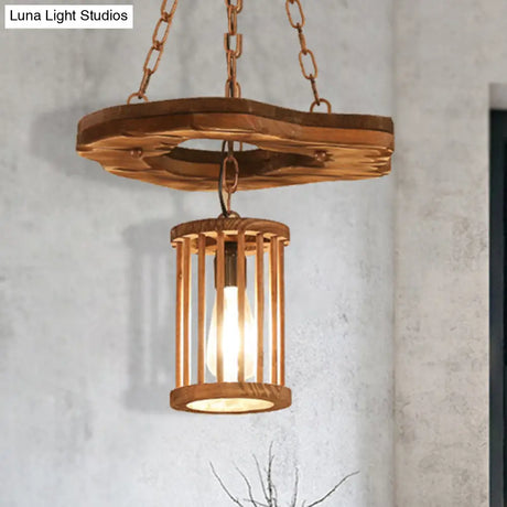 Factory Black Wooden Cylinder Pendant Light With Chain - 1 Hanging Fixture