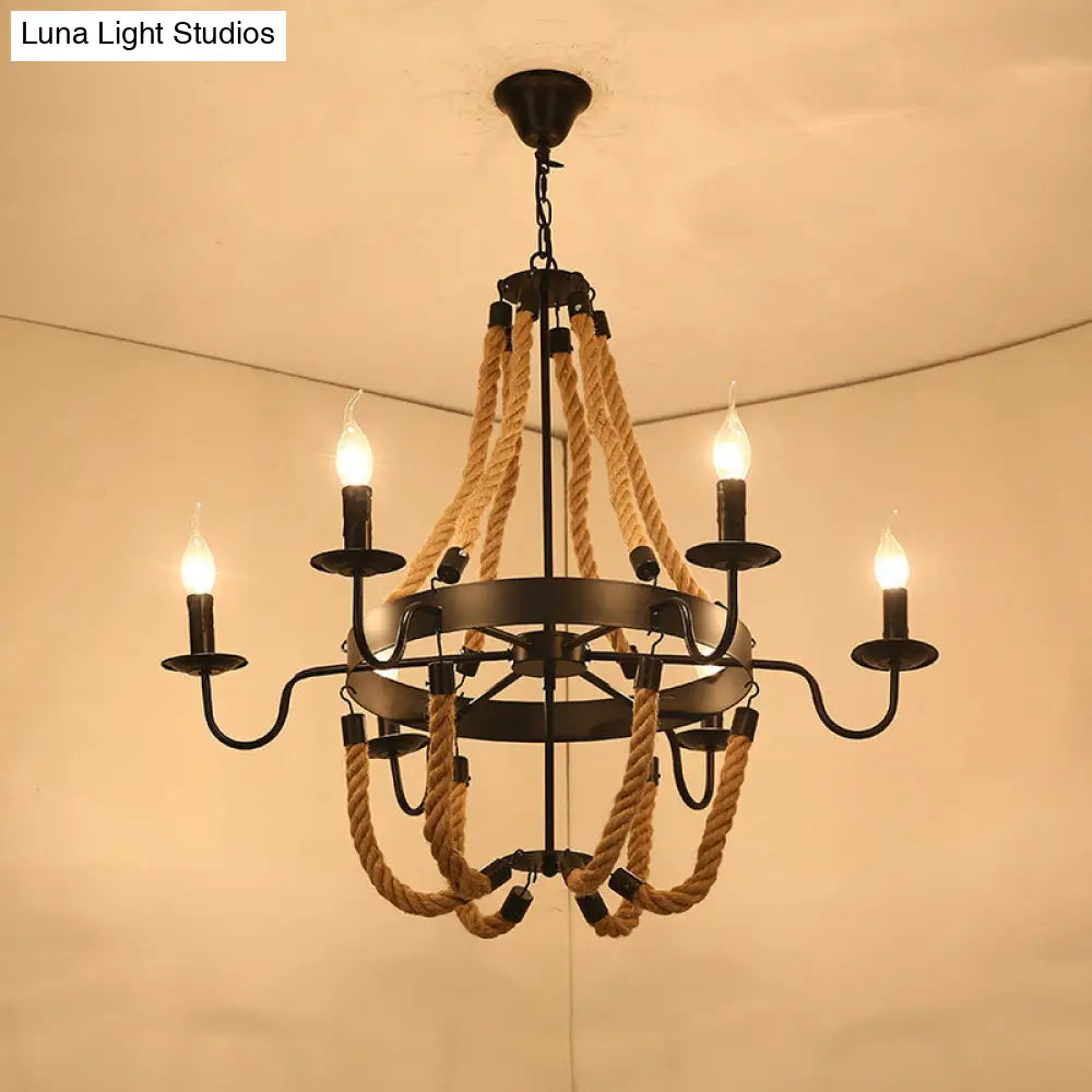 Wagon Wheel Metal Chandelier Pendant Light Kit In Black For Dining Room With Jute Rope Accents / F