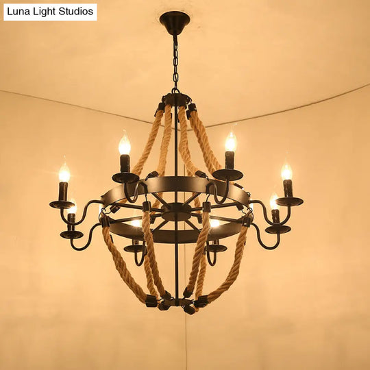 Wagon Wheel Metal Chandelier Pendant Light Kit In Black For Dining Room With Jute Rope Accents / G