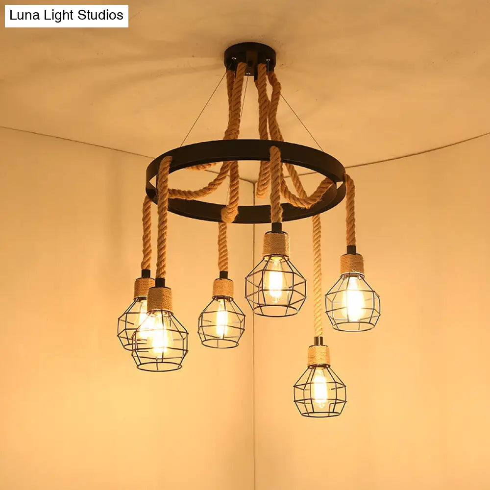 Wagon Wheel Metal Chandelier Pendant Light Kit In Black For Dining Room With Jute Rope Accents / A