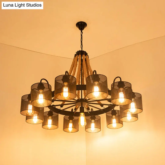 Wagon Wheel Metal Chandelier Pendant Light Kit In Black For Dining Room With Jute Rope Accents / E
