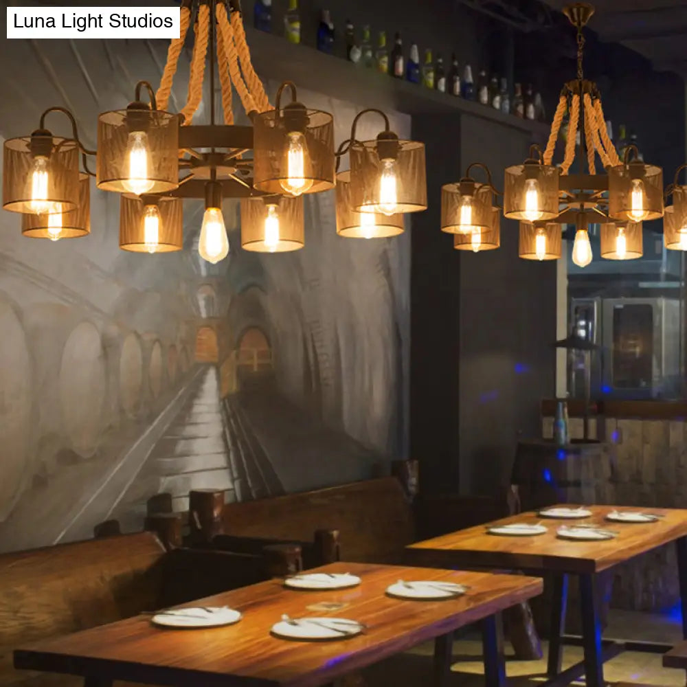 Factory Dining Room Chandelier: Wagon Wheel Metal Pendant Light Kit With Jute Rope In Black