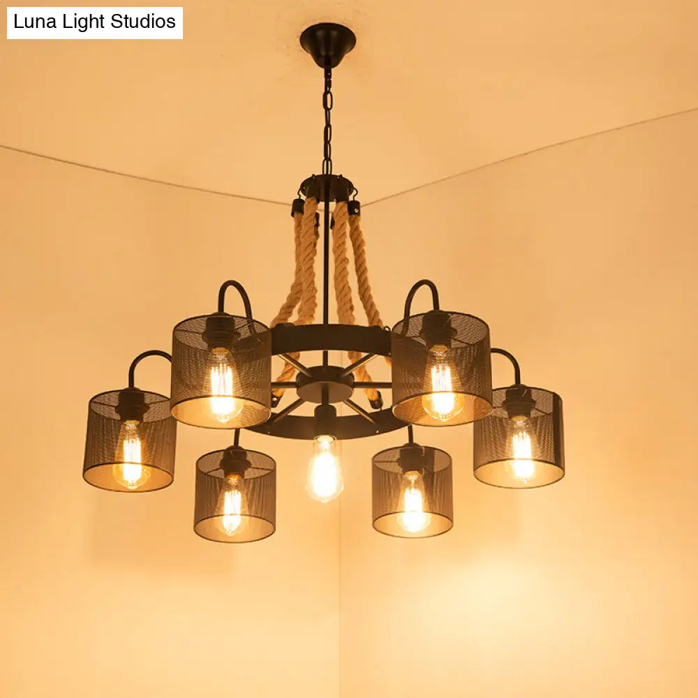 Wagon Wheel Metal Chandelier Pendant Light Kit In Black For Dining Room With Jute Rope Accents / C
