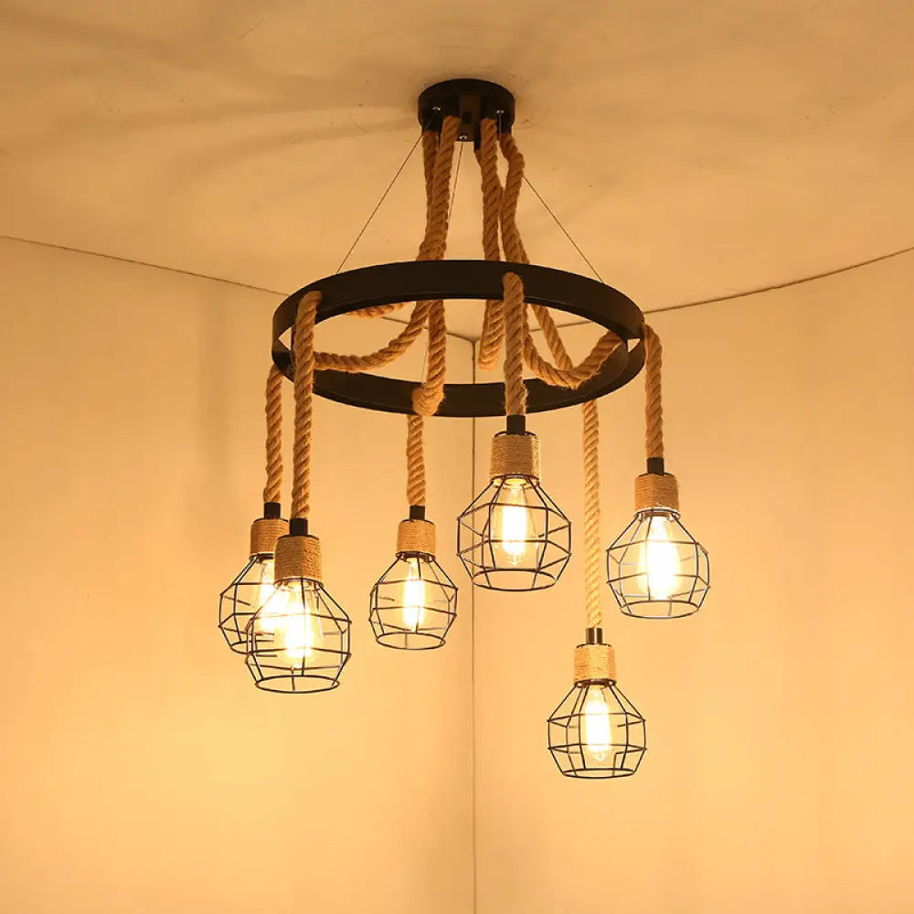 Factory Dining Room Chandelier: Wagon Wheel Metal Pendant Light Kit With Jute Rope In Black / A