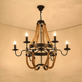 Factory Dining Room Chandelier: Wagon Wheel Metal Pendant Light Kit With Jute Rope In Black / F