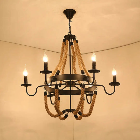 Factory Dining Room Chandelier: Wagon Wheel Metal Pendant Light Kit With Jute Rope In Black / F