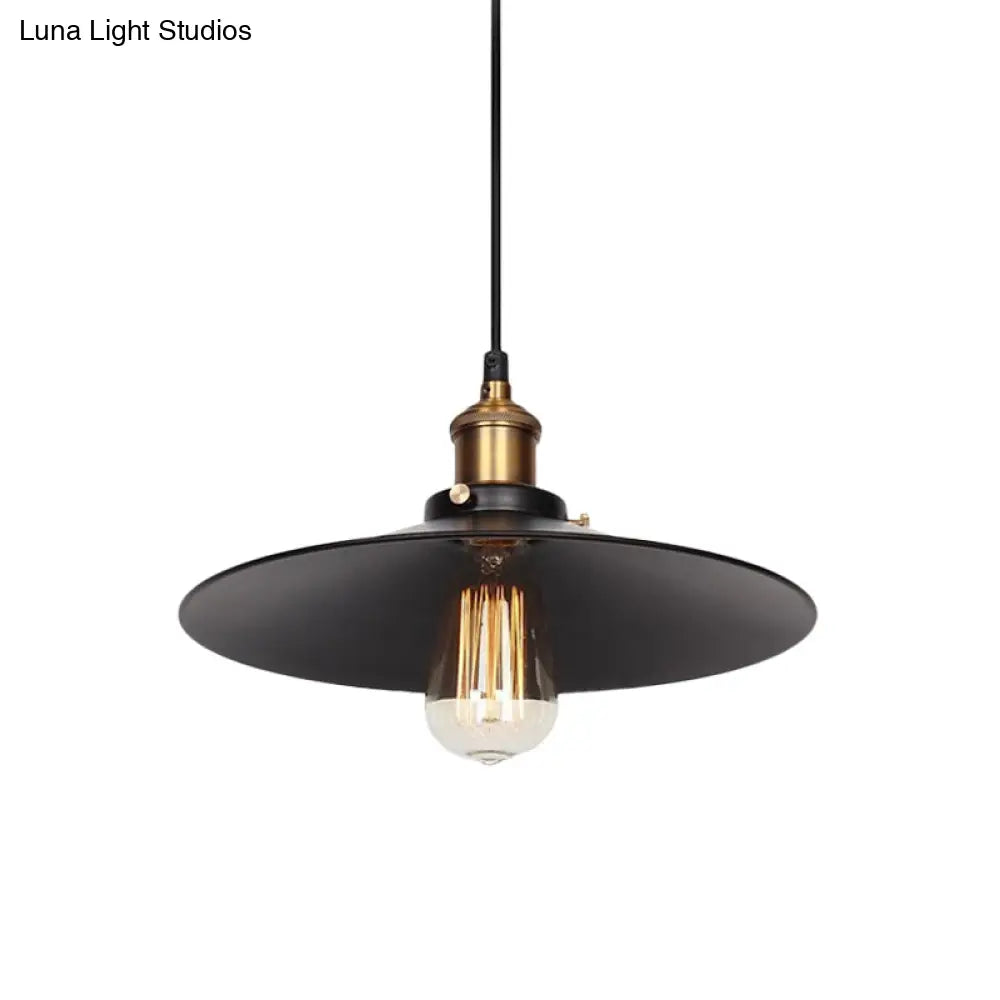 Factory Flying Saucer Ceiling Pendant Hanging Lamp - 8.5’/12’ Wide Single-Bulb Metal Black
