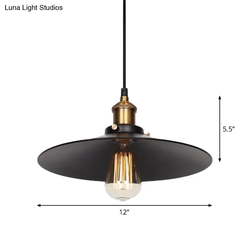 Factory Flying Saucer Ceiling Pendant 8.5/12 Wide Metal Hanging Lamp - Black Single-Bulb Design