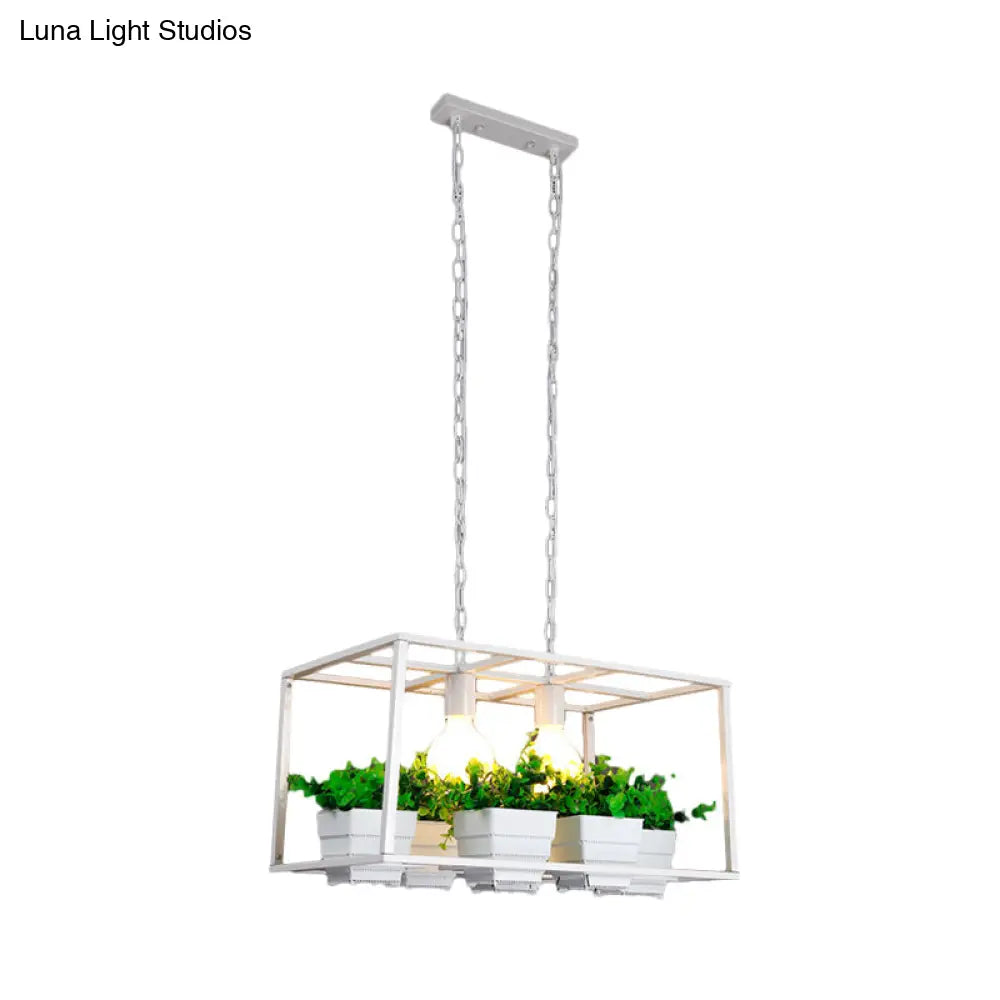 Factory Metallic Island Lamp With Artificial Plant Deco - Black/White Rectangle 2 Lights For Living