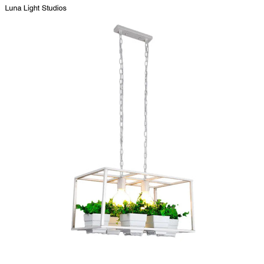 Factory Metallic Island Lamp With Artificial Plant Deco - Black/White Rectangle 2 Lights For Living