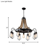 Farm Style Wheel Design Rope Chandelier With Bulb Cage - Black Metallic Pendant Light Fixture (9/13