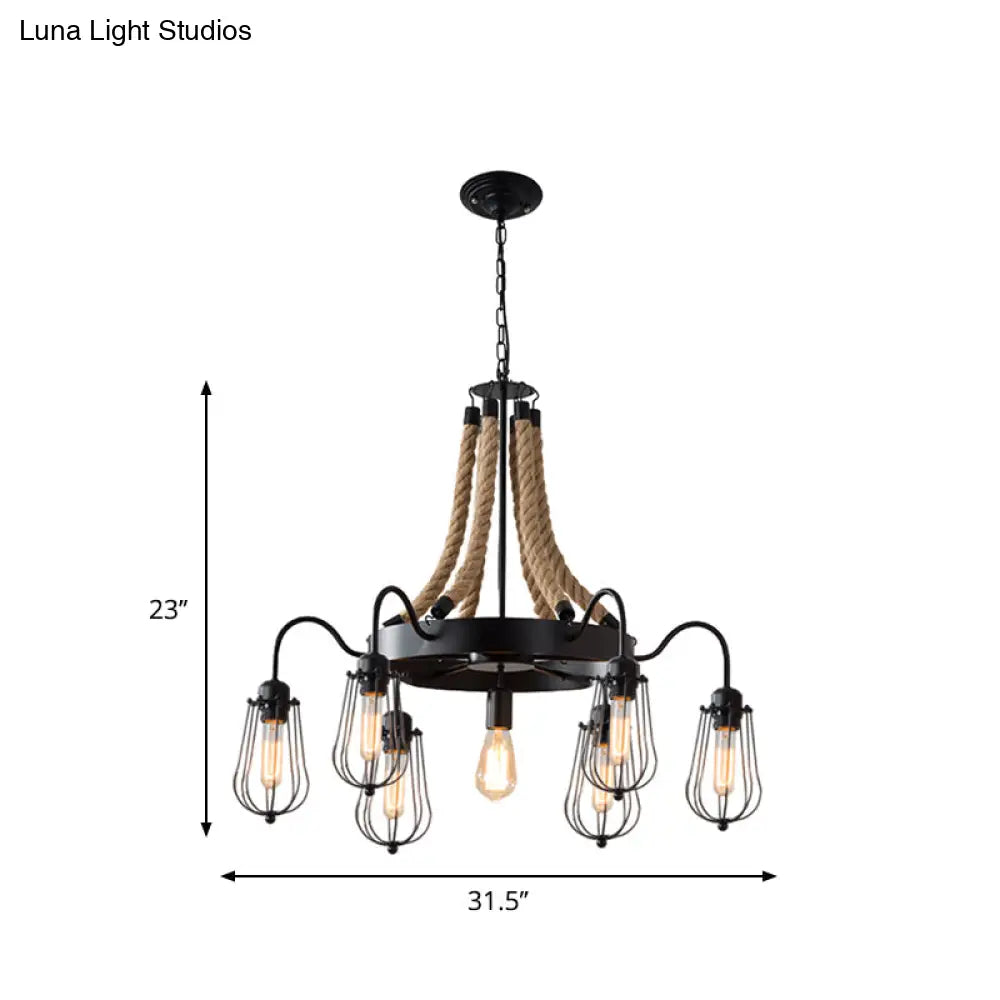 Farm Style Wheel Design Rope Chandelier With Bulb Cage - Black Metallic Pendant Light Fixture (9/13