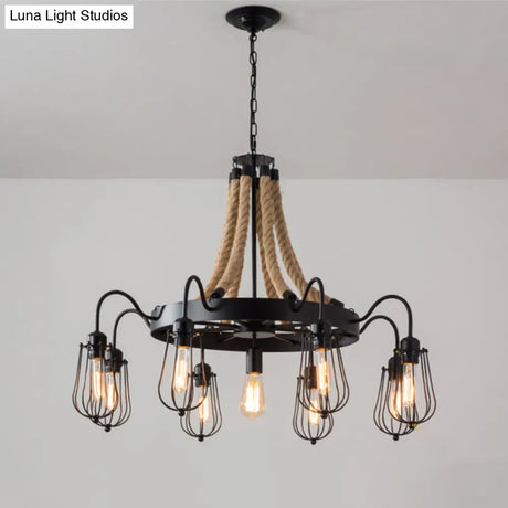 Farm Style Wheel Design Rope Chandelier With Bulb Cage - Black Metallic Pendant Light Fixture (9/13