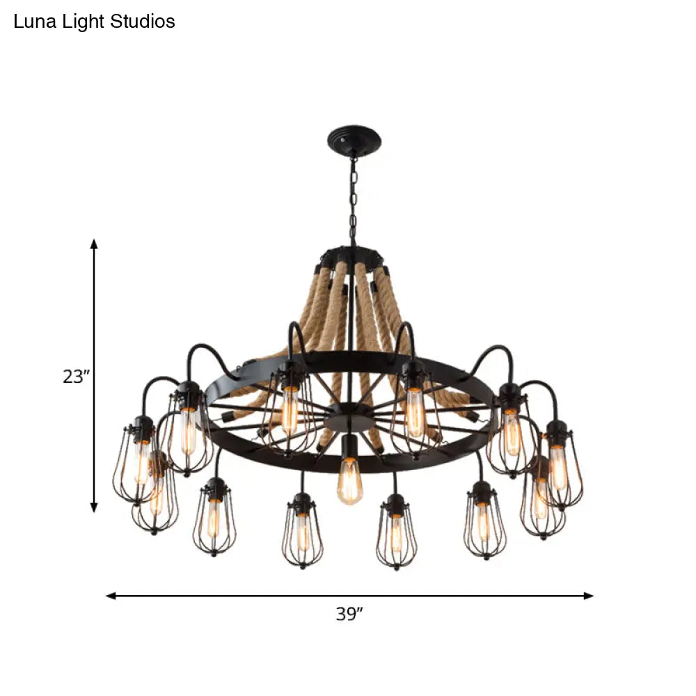 Farm Style Wheel Design Rope Chandelier With Bulb Cage - Black Metallic Pendant Light Fixture (9/13