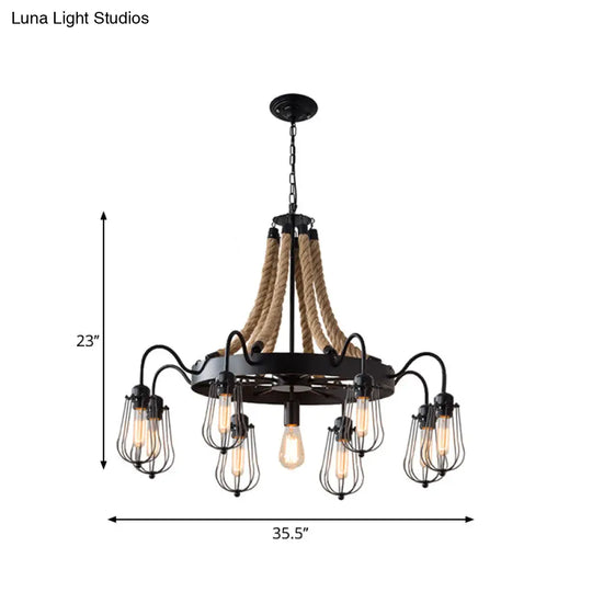 9/13 Lights Farm Style Rope Chandelier With Metallic Pendant Cage Black Finish And Wheel Design