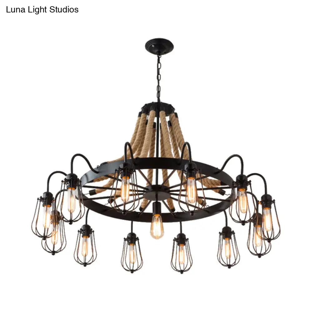 Farm Style Wheel Design Rope Chandelier With Bulb Cage - Black Metallic Pendant Light Fixture (9/13