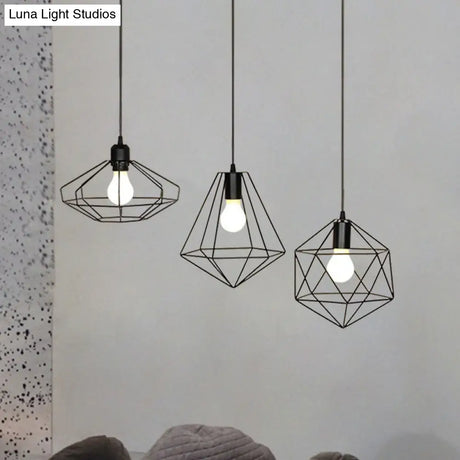 Farmhouse 3-Light Iron Pendant Ceiling Fixture With Black Wire Cage And Unique Shades