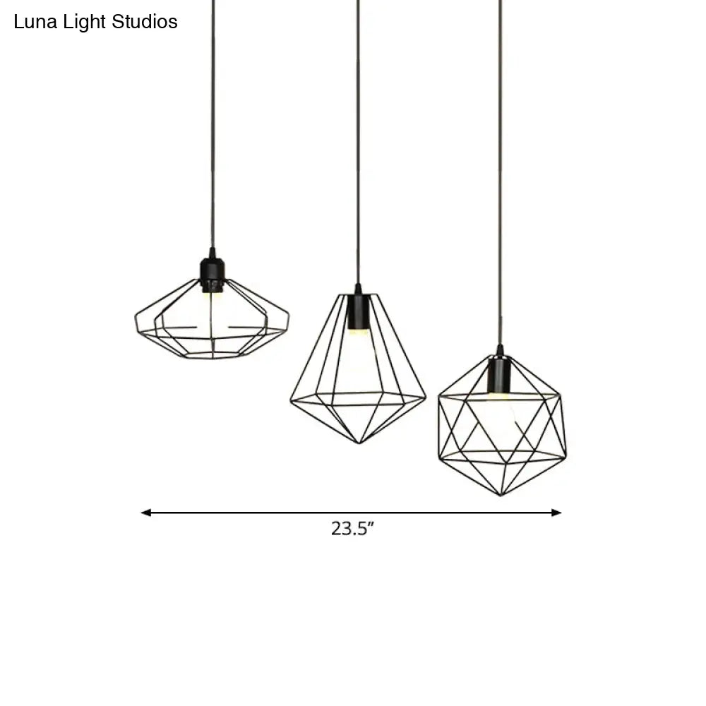 Farmhouse Iron Wire Cage Ceiling Pendant Light Fixture With 3 Lights And Black Shades
