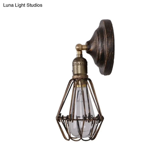 Farmhouse Antique Brass Wrought Iron Sconce - Stylish 1-Bulb Wire Cage Wall Lamp For Restaurants