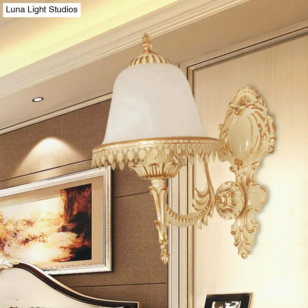 Farmhouse Beige Bell Wall Lamp With Opal Glass And Carved Trim - Perfect Bedroom Sconce
