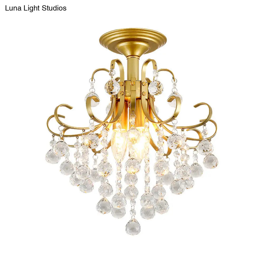 Farmhouse Bent Arm Frame Ceiling Light With Crystal Droplet - 3-Light Metal Semi Flush Mount