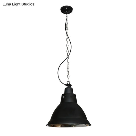 Farmhouse Black Metal Dome Pendant Light With Chain - 12’ W