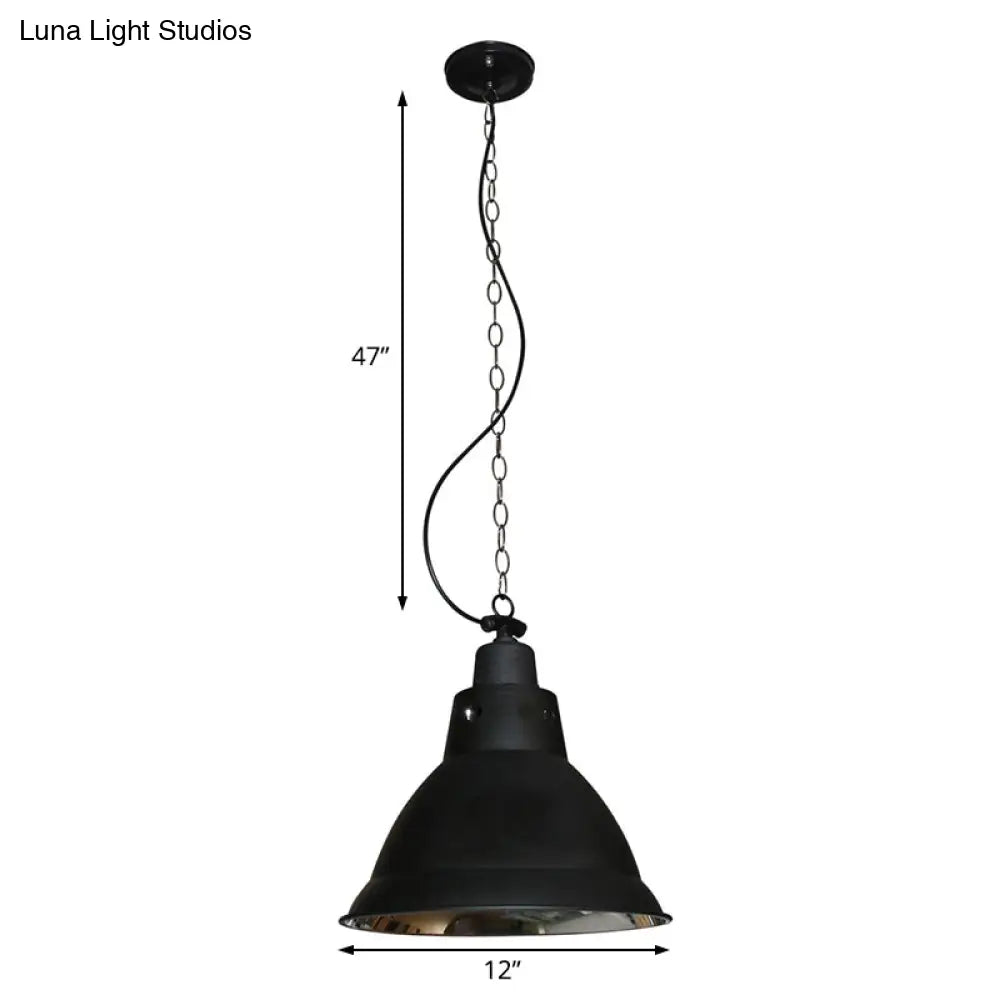 Farmhouse Black Metal Dome Pendant Light With Chain - 12’ W
