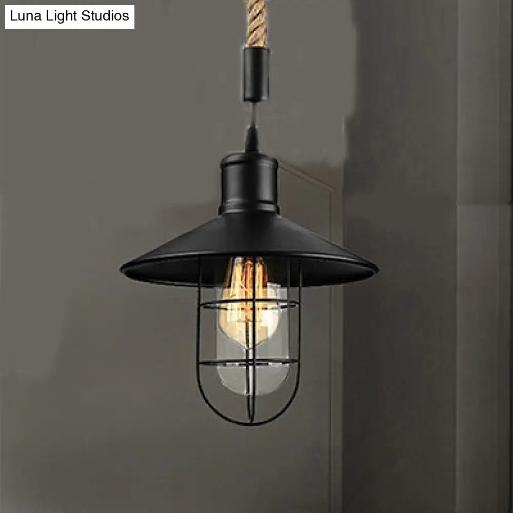 Black Farmhouse Pendant Light With Flared Metal Shade Wire Frame And Rope Cord