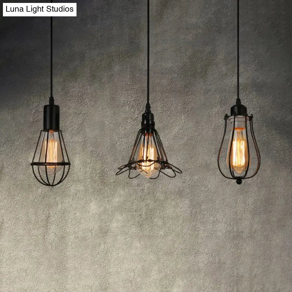 Farmhouse Black Metallic Pendant Light With Cage Design - 3 Lights
