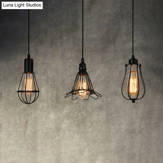 Farmhouse Black Metallic Pendant Light With Cage Design - 3 Lights