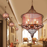 Farmhouse Black/Red/White Metal Lantern Pendant: 5-Bulb Cage Suspension Lighting Fixture For Dining