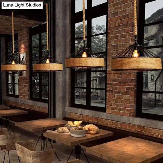 Farmhouse Black Rope Pendant Light Kit - Cone Cage Iron Lamp For Dining Room 3 Sizes Available