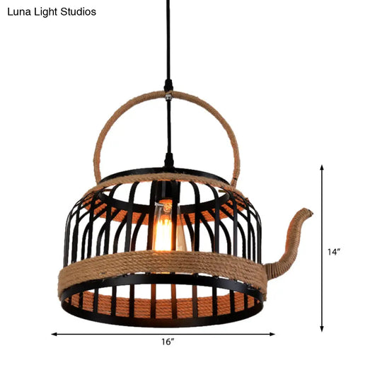 Black Teapot Pendant Light - Farmhouse Style Hanging Lamp For Dining Room