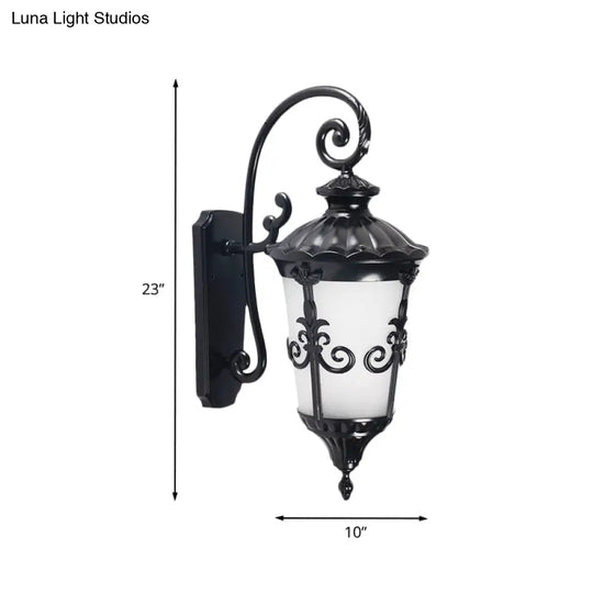 Farmhouse Black Wall Mounted Lamp With White Frosted Glass Urn Sconce - 1 Light Balcony