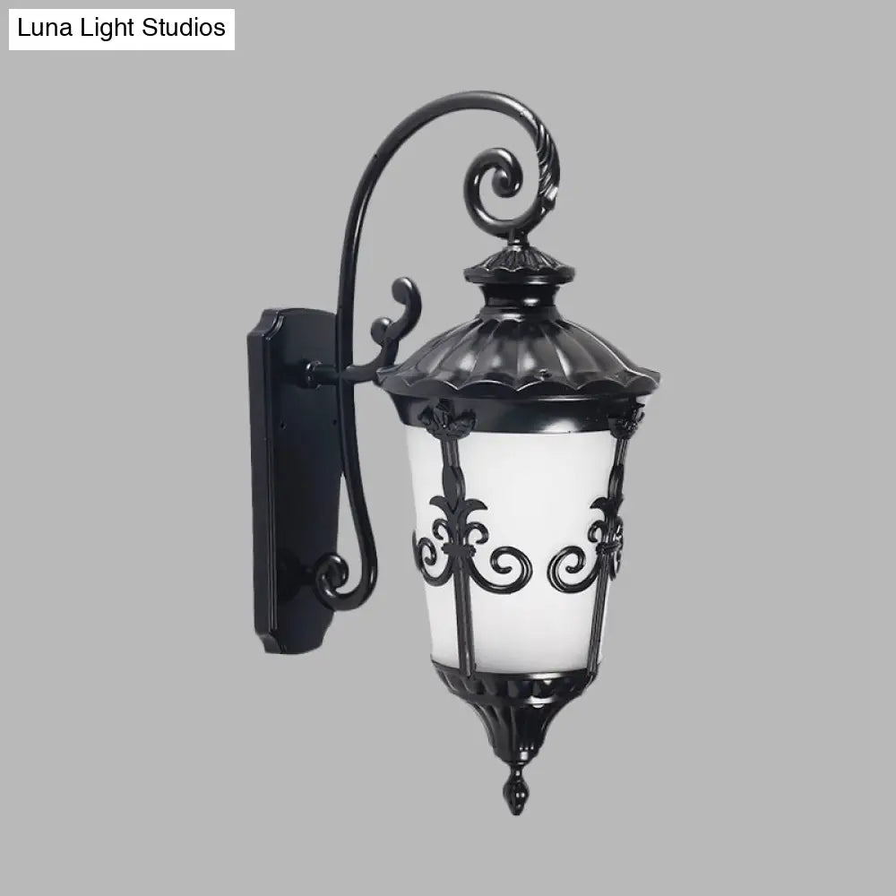 Farmhouse Black Wall Mounted Lamp With White Frosted Glass Urn Sconce - 1 Light Balcony