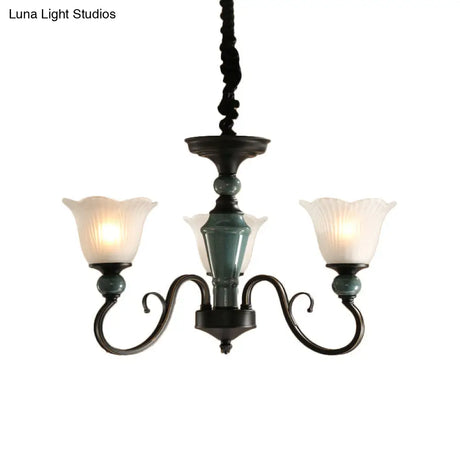 Farmhouse Blossom Up Chandelier - 3/8/12 Frosted Ribbed Glass Ceiling Hang Lights In Blackish Green