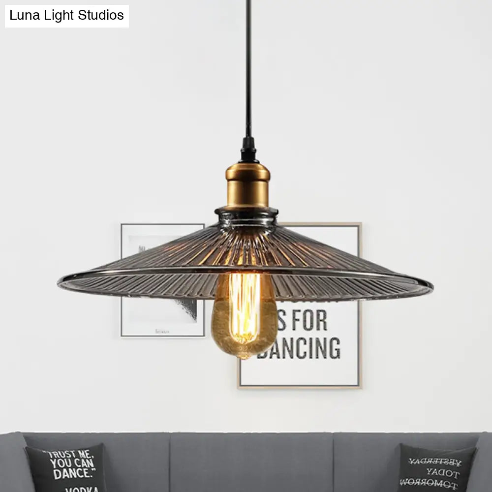 Farmhouse Brass Cone Pendant Ceiling Light With Ribbed Glass - Living Room Hanging Lamp (1 Light)
