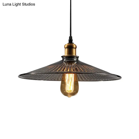 Farmhouse Brass Cone Pendant Ceiling Light With Ribbed Glass - Living Room Hanging Lamp (1 Light)
