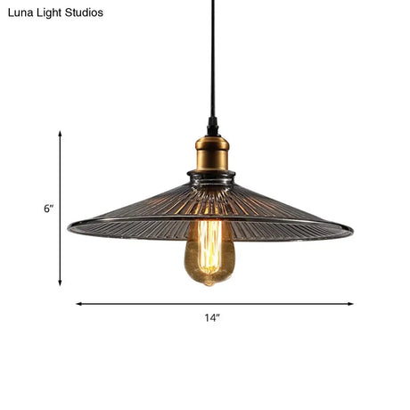 Farmhouse Brass Cone Pendant Ceiling Light With Ribbed Glass - Living Room Hanging Lamp (1 Light)