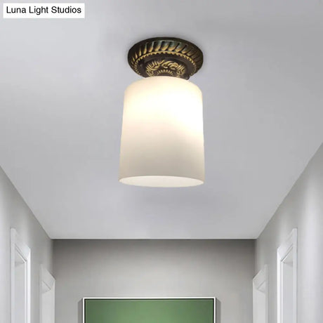 Farmhouse Bronze Flush Mount Ceiling Light With Milky Glass