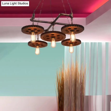 Farmhouse Bronze Metal Chandelier - 5 Lights Open Bulb Hanging Light Kit For Restaurants