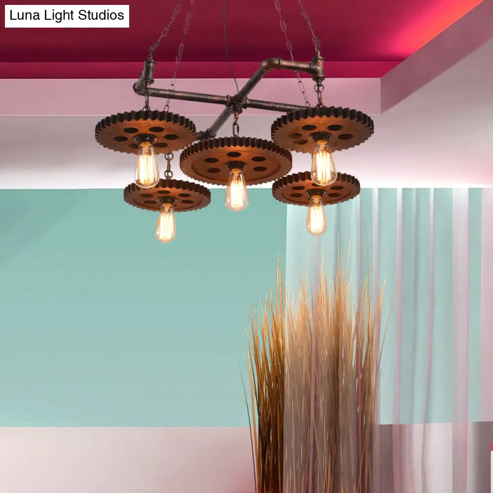Farmhouse Bronze Metal Chandelier Lamp - 5-Light Open Bulb Hanging Light Kit For Restaurants