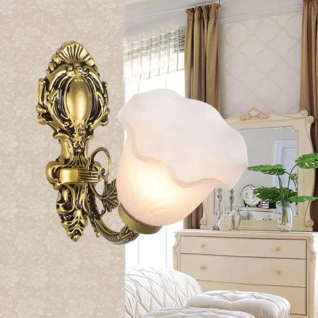 Farmhouse Bronze Wall Sconce With Frosted Glass - Corner Mount 1-Light